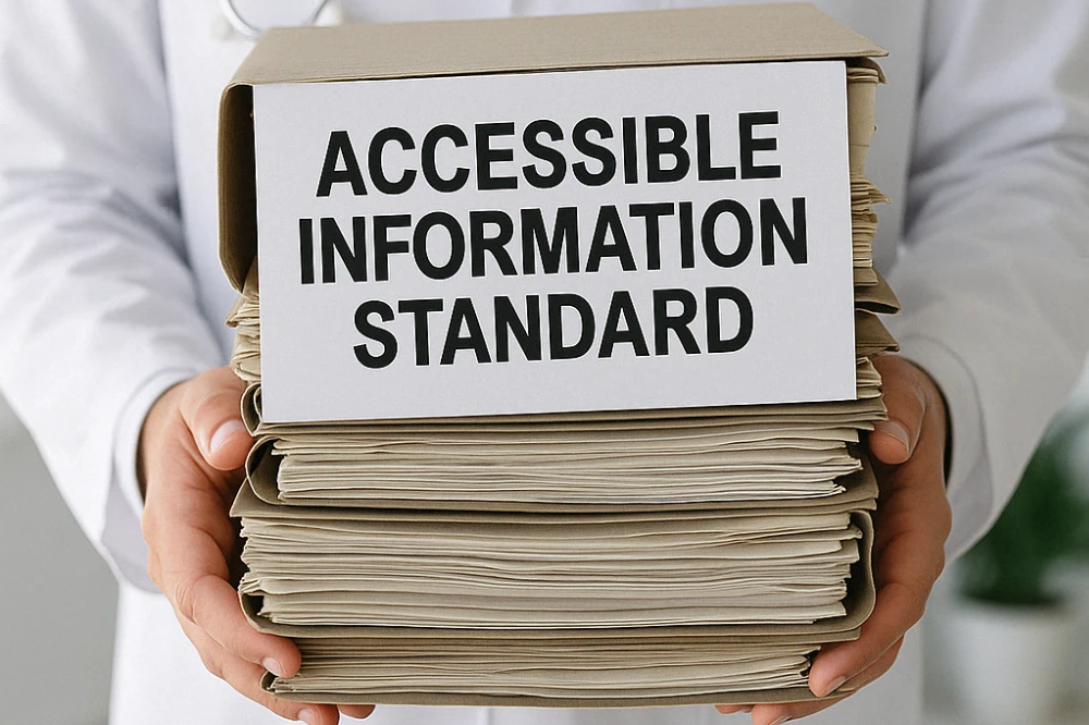 A person in a white coat holds a large stack of files with a folder labeled "Accessible Information Standard" on top.