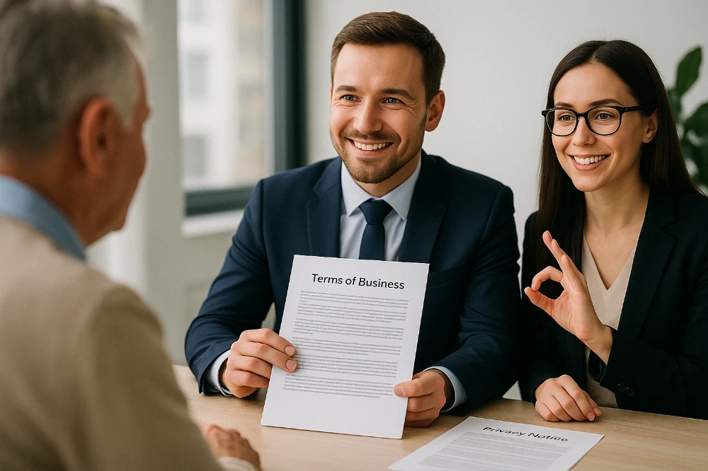 Two business professionals show a "Terms of Business" document to an older man; one smiles and the other makes an OK hand gesture during a meeting at a desk.