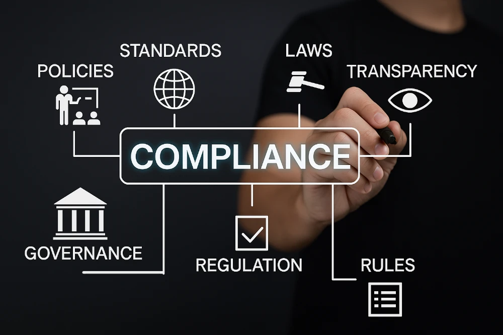 A person draws a diagram on a transparent screen with the word "Compliance" at the center, surrounded by related terms: policies, standards, laws, transparency, governance, regulation, and rules.